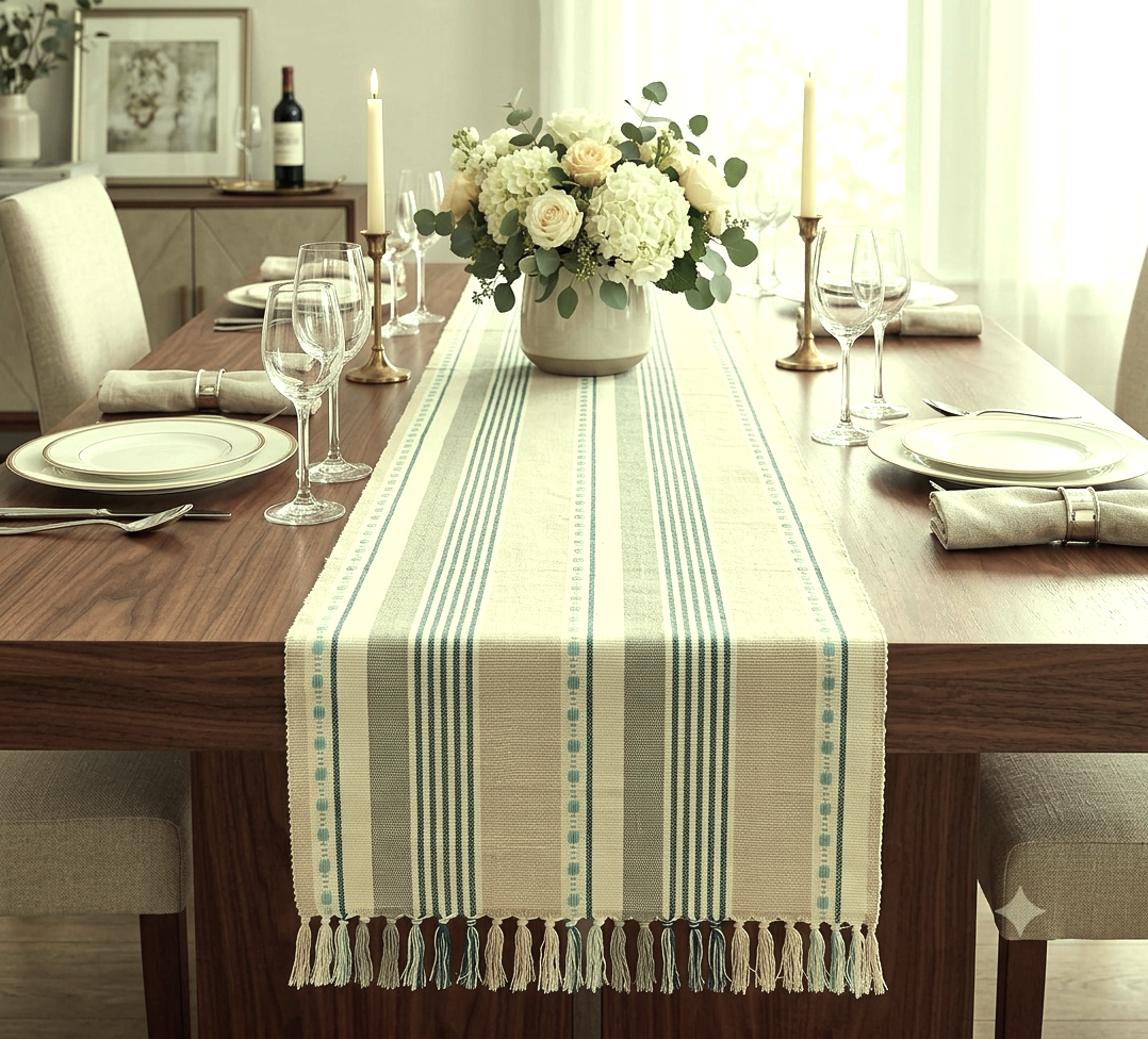 Striped Cotton Table Runner with Tassel Border – 190 × 40 cm