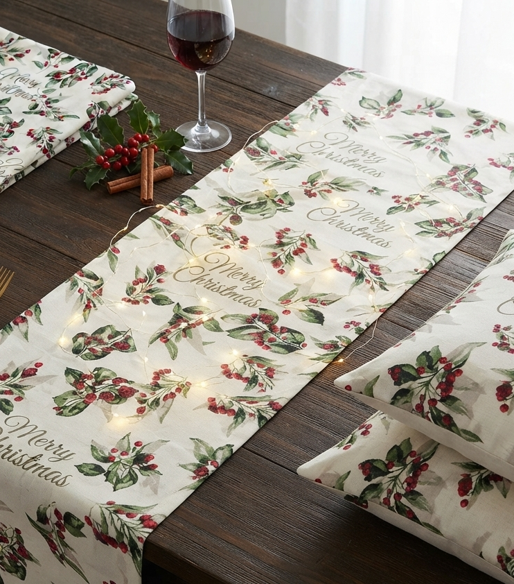 Christmas Holly Berry Printed Fabric Running Material – 60 Inch Wide | Table Cloth, Table Runner & Cushion Cover Fabric