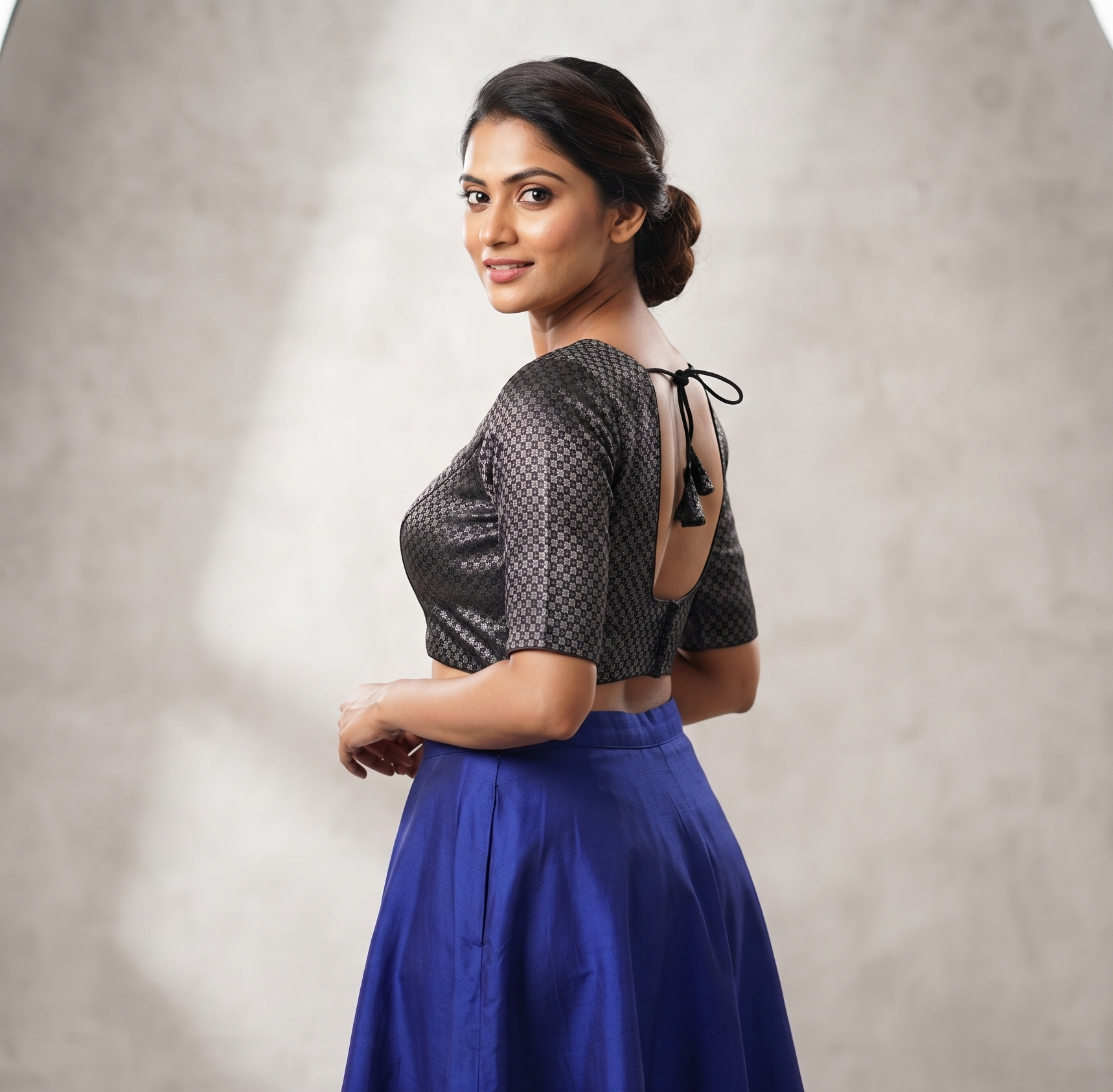 Women's Chanderi Silk Front Open Saree Blouse | Readymade Blouse for Sarees & Midi Wear | Black with Silver Woven Design