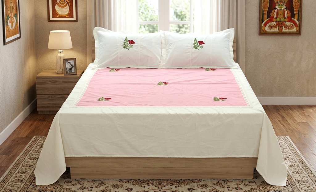 King Size Cotton Bedspread 100×106 Inches | Pink & White Floral Embroidered Bed Cover