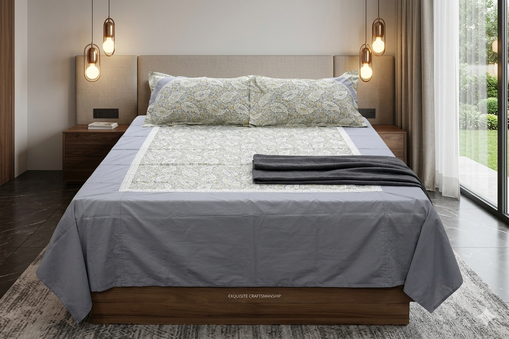 Elegant Grey Paisley King Size Bedspread Set with Matching Pillow Covers