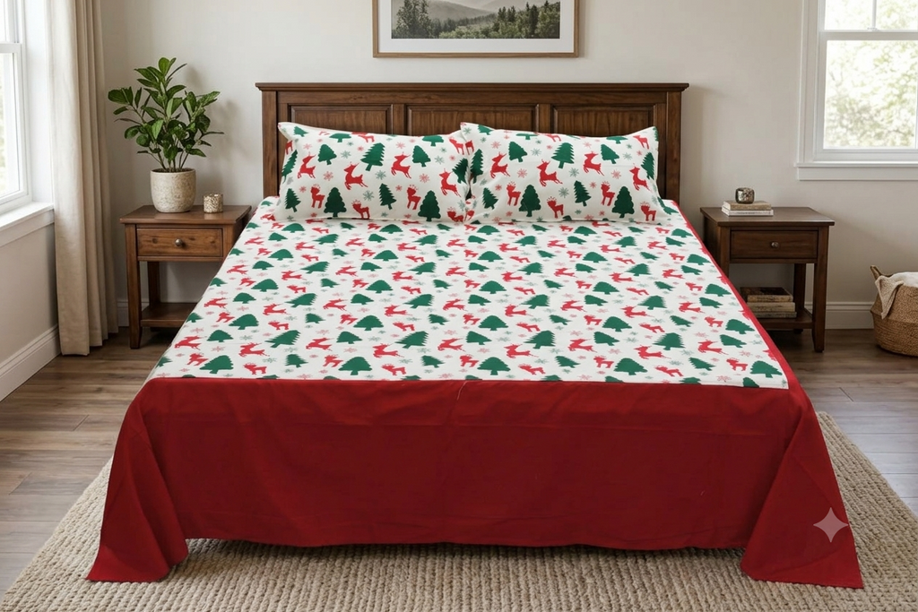 King Size Cotton Bedspread – Christmas Tree & Reindeer Print with Red Border | 100 × 110 Inches