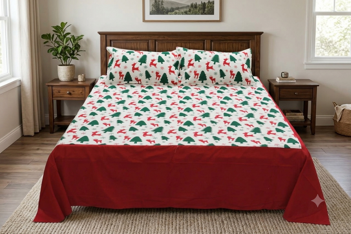 King Size Cotton Bedspread – Christmas Tree & Reindeer Print with Red Border | 100 × 110 Inches