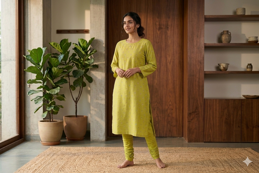 Premium Lime Green Tussar Silk Dress Material Set | Embroidered Top & Plain Bottom (56" Width)