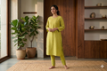 Premium Lime Green Tussar Silk Dress Material Set | Embroidered Top & Plain Bottom (56" Width)