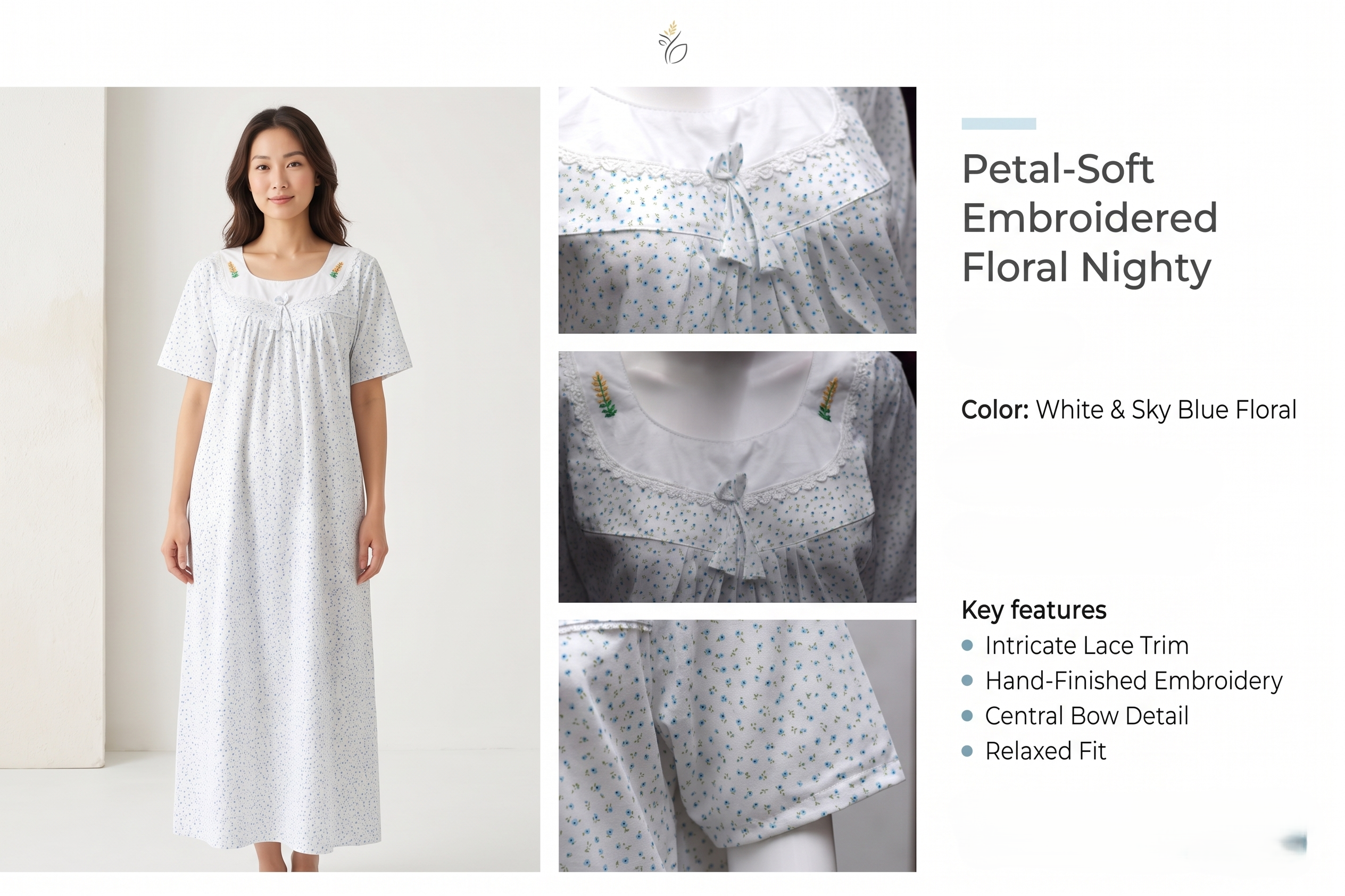 Women's Floral Comfort Nighty – White with Blue Prints