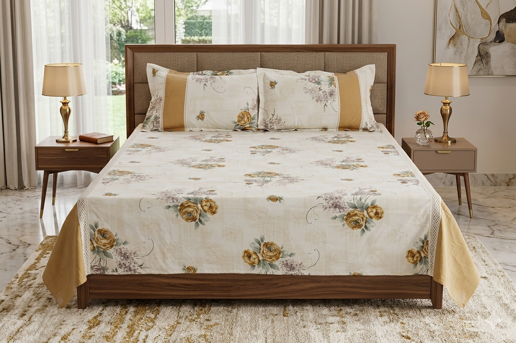 Elegant Beige Floral Queen Size Bedspread with Pillow Covers | Blend Bedding Set