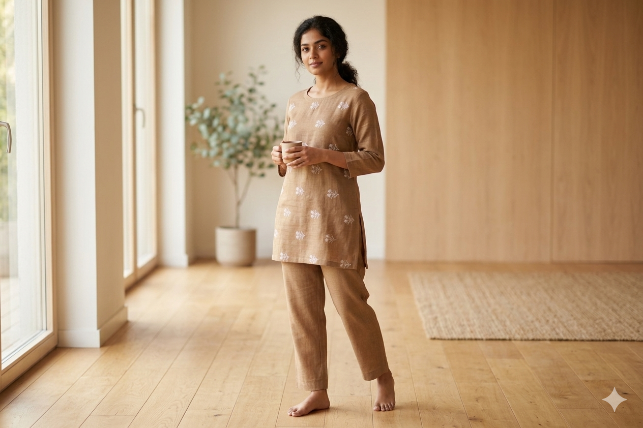 Elegant  Semi Linen Dress Material Set with Floral Print (Top & Bottom)