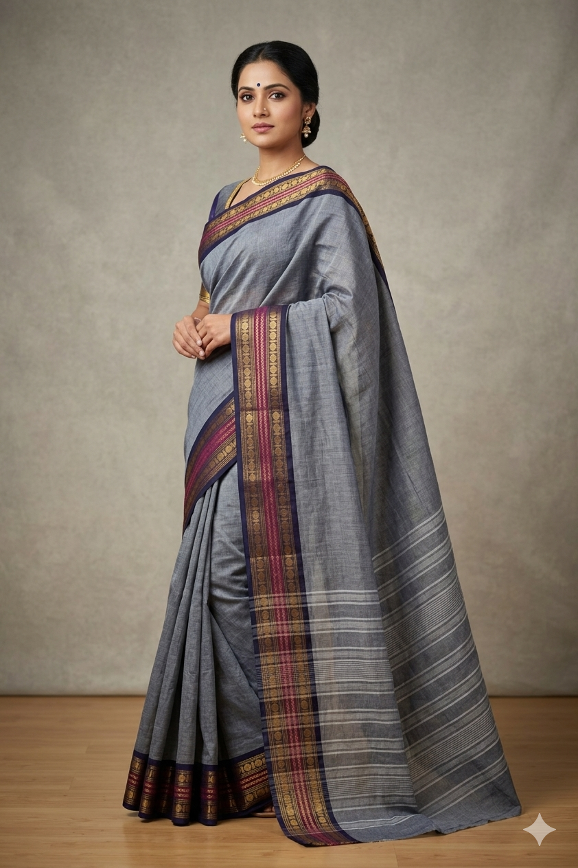 Elegant Grey Cotton Saree with Rich Zari Border