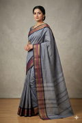 Elegant Grey Cotton Saree with Rich Zari Border