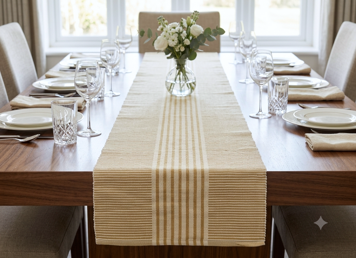 Cream & Beige Striped Table Runner – 116 × 33 cm