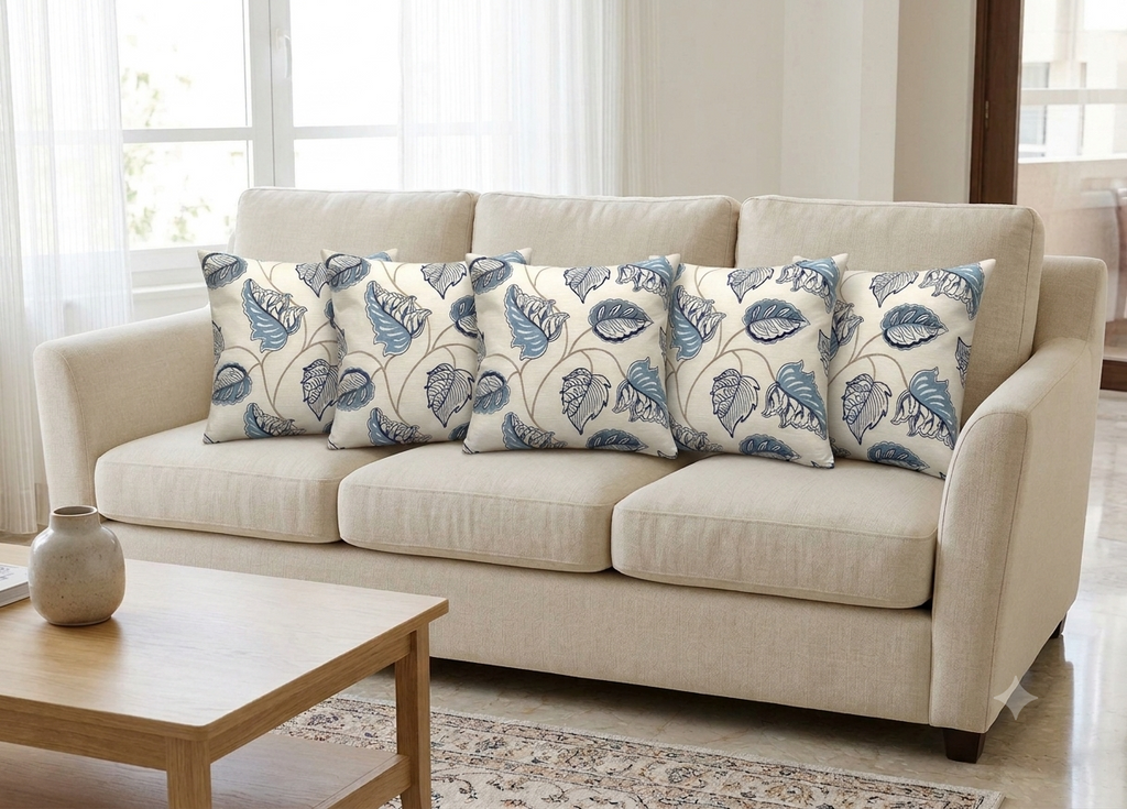 Elegant Blue Floral Leaf Print Cushion Covers – Set of 5
