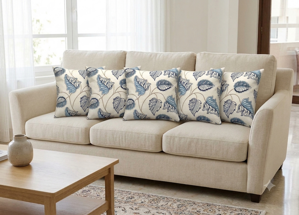 Elegant Blue Floral Leaf Print Cushion Covers – Set of 5