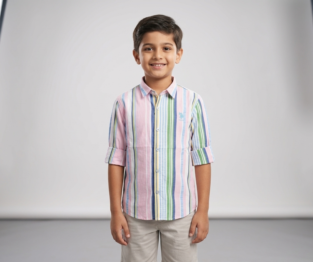 Kids Full Sleeve Cotton Striped Shirt – Pink Multi-Color Casual Button-Down Shirt for Boys