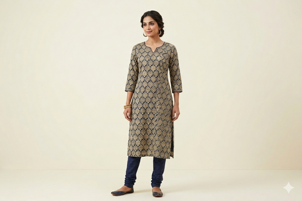 Royal Indigo Kalamkari Cotton Churidar Material – 44" Width | Top Fabric 2.5 Mtr
