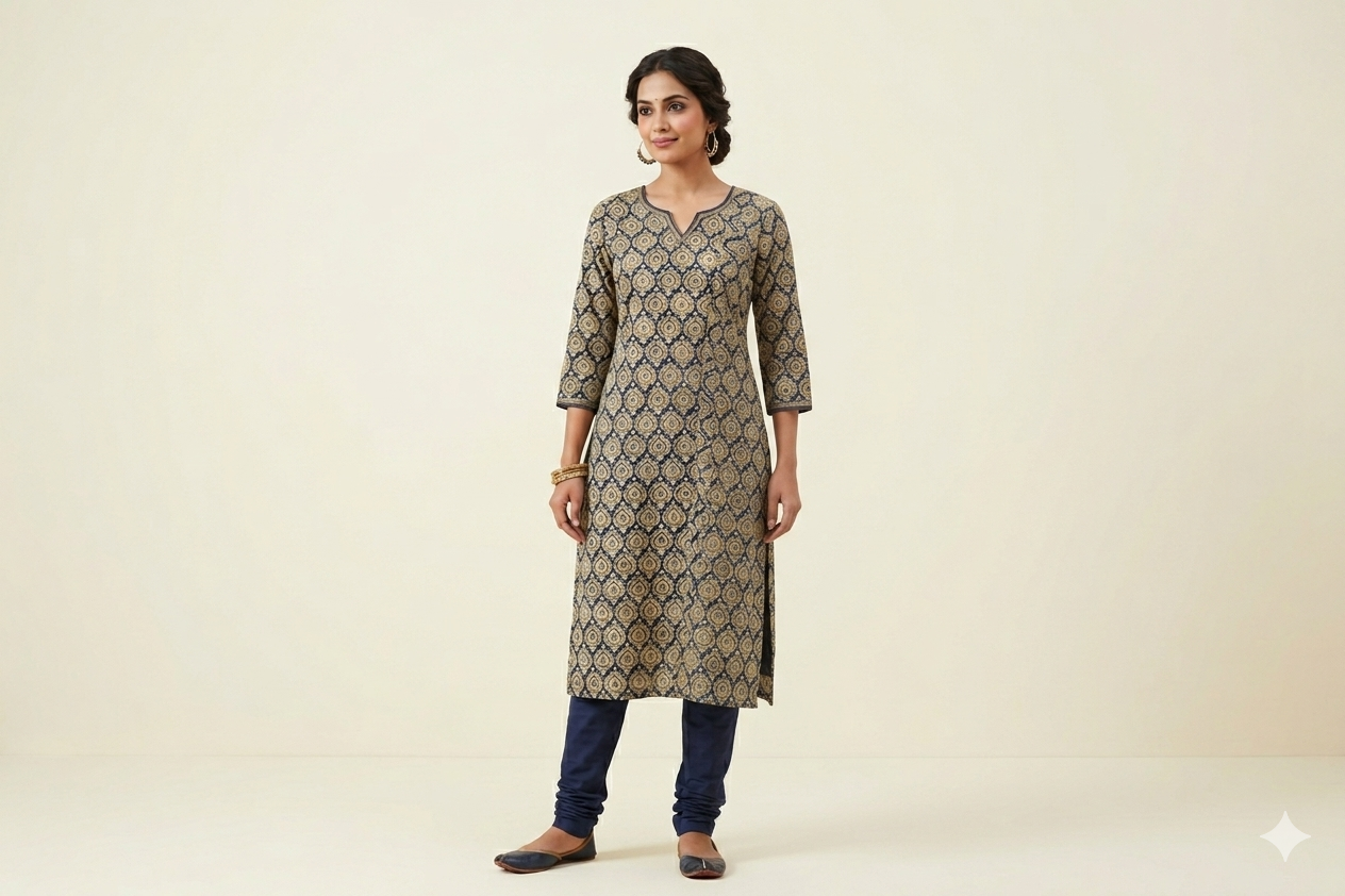 Royal Indigo Kalamkari Cotton Churidar Material – 44" Width | Top Fabric 2.5 Mtr