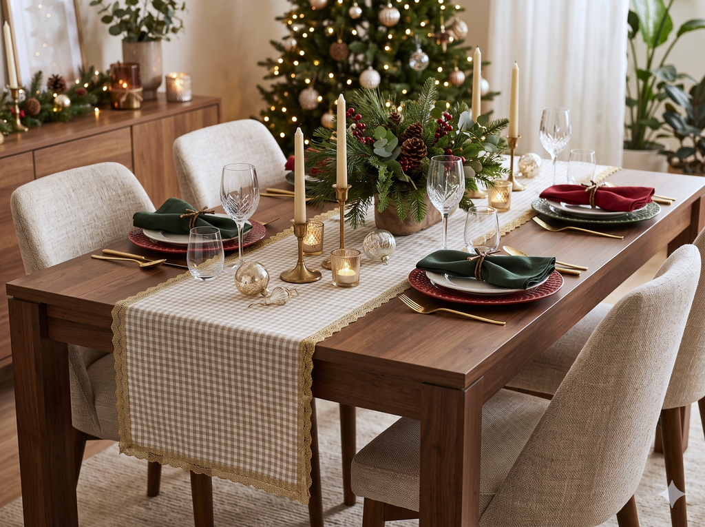 Elegant Beige Table Runner with Golden Lace Border – 125 × 35 cm