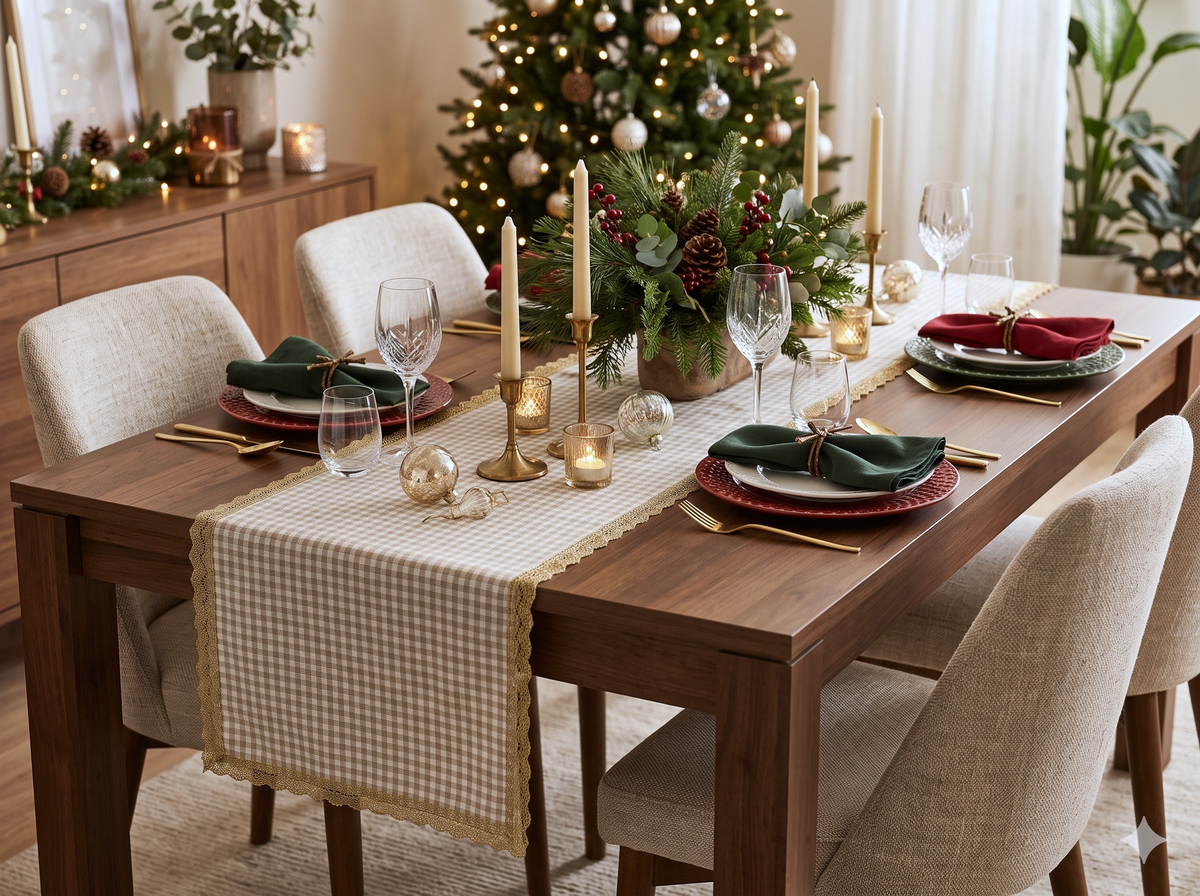 Elegant Beige Table Runner with Golden Lace Border – 125 × 35 cm