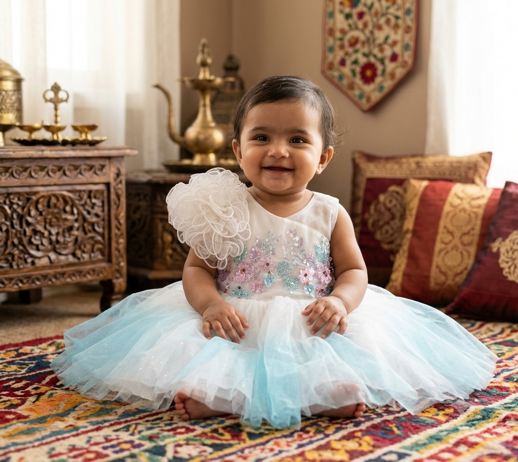 White and Sky Blue Fancy Baby Girl Frock with Floral Embroidery