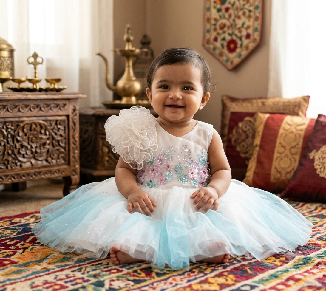 White and Sky Blue Fancy Baby Girl Frock with Floral Embroidery