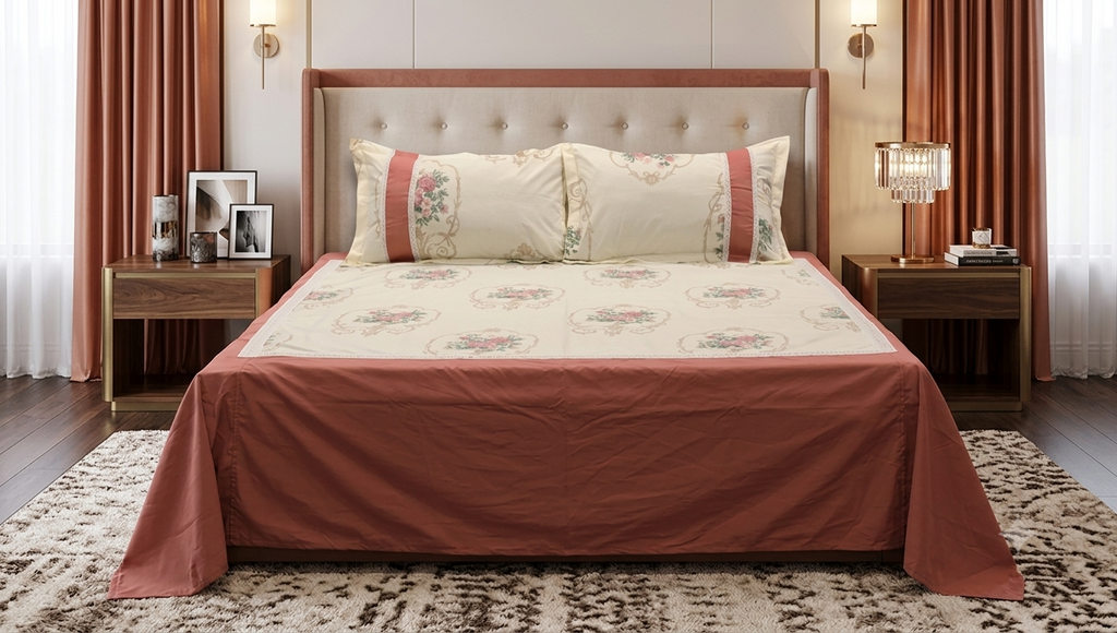 Elegant Cotton Blend Bedspread with Floral Print & Lace Border – 100 × 104 Inches