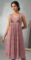 Women’s Embroidered Mul Chiffon Long Top with Sleeves – Floral Embellished Design