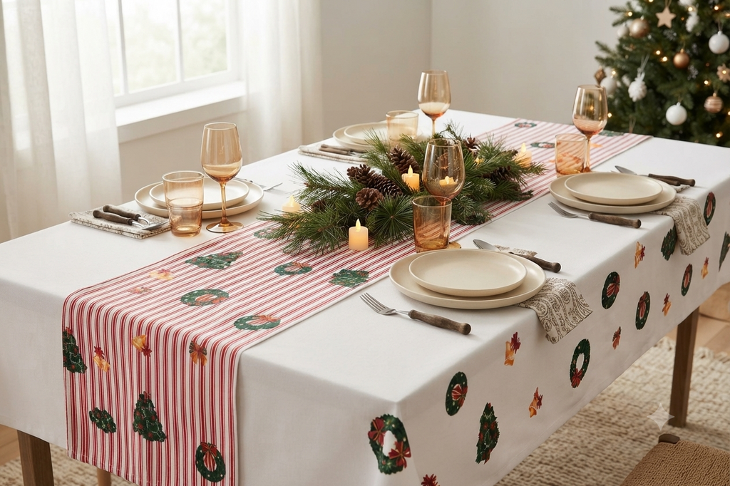 Christmas Printed Running Fabric – 60 Inch Wide Christmas Tree & Wreath Stripe Design for Table Décor