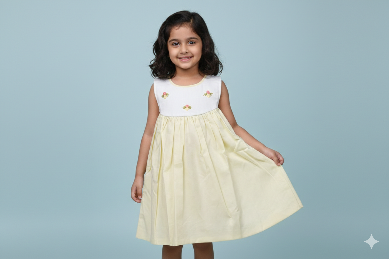 Girls Pastel Yellow Floral Embroidered Party Frock - Main Product Image - Floral Embroidered - Nushio