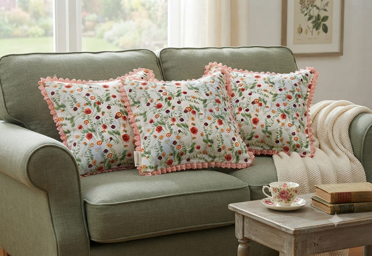 Floral Printed Cushion Cover with Lace Border – 16×16 Inch