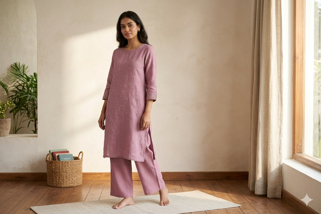 Elegant Mauve Semi Linen Dress Material Set with Subtle Woven Motifs (44" Width)