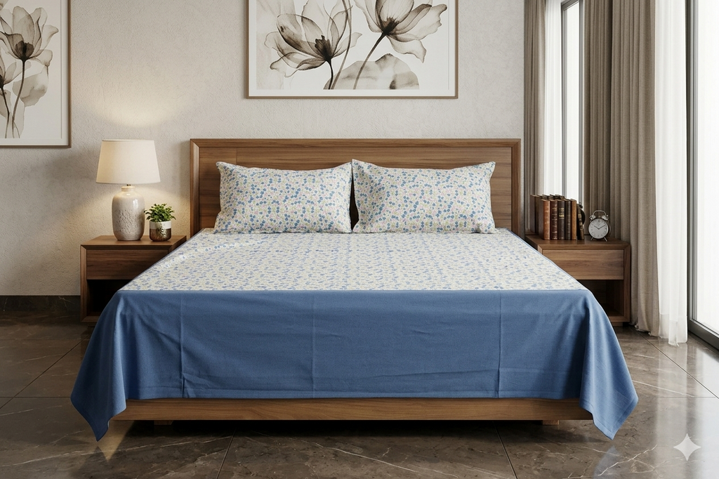 King Size Floral Cotton Bedsheet with 2 Pillow Covers – Blue & Pink Ditsy Flower Print