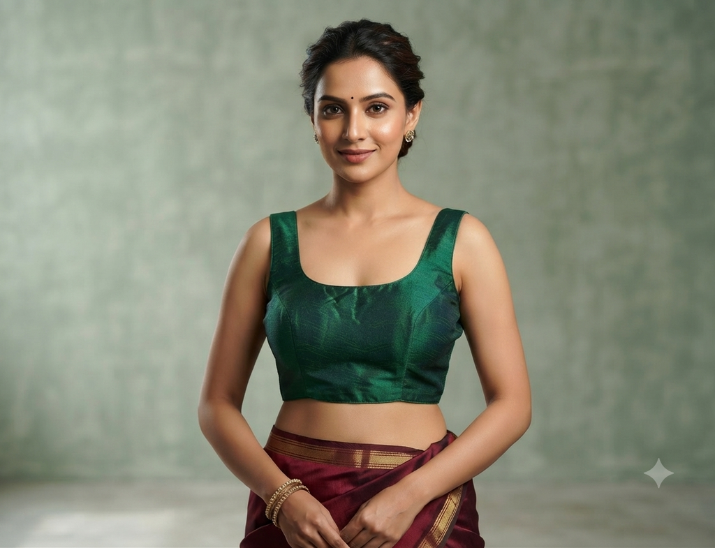Women's Chanderi Silk Readymade Saree Blouse | Padded back Open Blouse | Boat Neck | Half Sleeves Included | Emerald Green