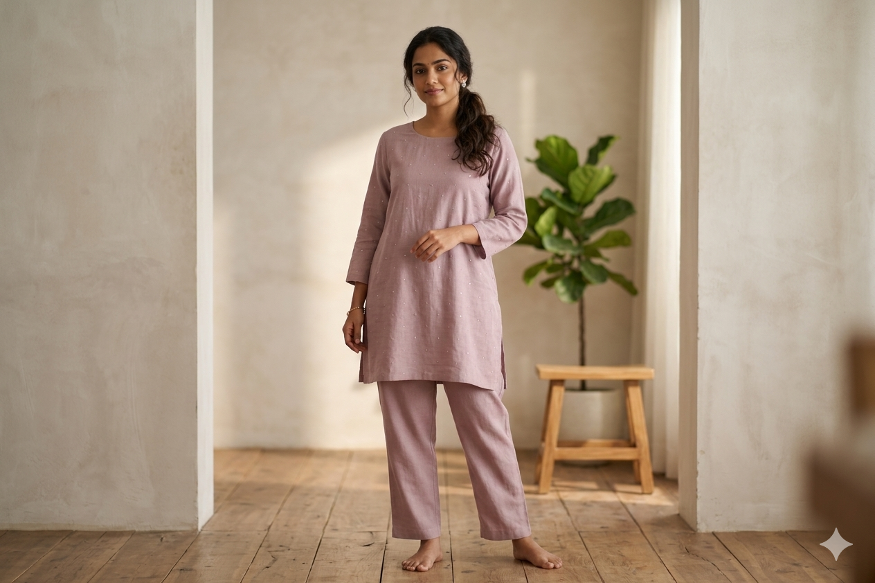 Elegant Dusty Pink Semi Linen Dress Material Set – 44" Width (Top & Bottom)