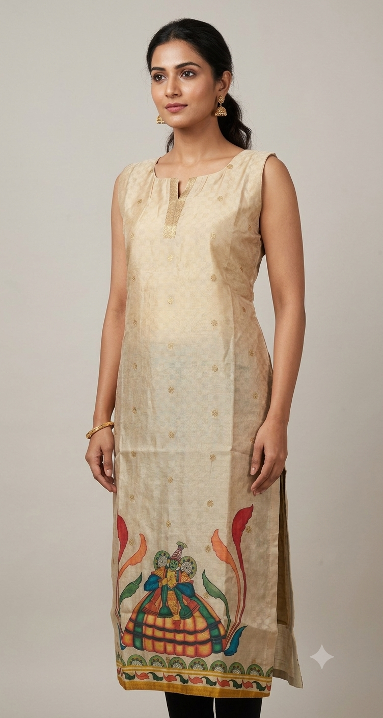 Women's Cream Ethnic Printed Sleeveless Kurti Top | Traditional Art Design | Straight Fit