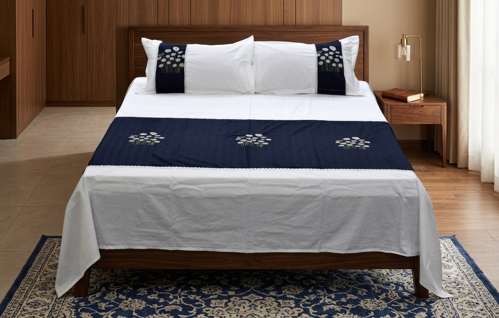 King Size White Bedspread Set with Navy Blue Floral Embroidery | 1 Bedspread + 2 Pillow Covers | Elegant Cotton Bedding