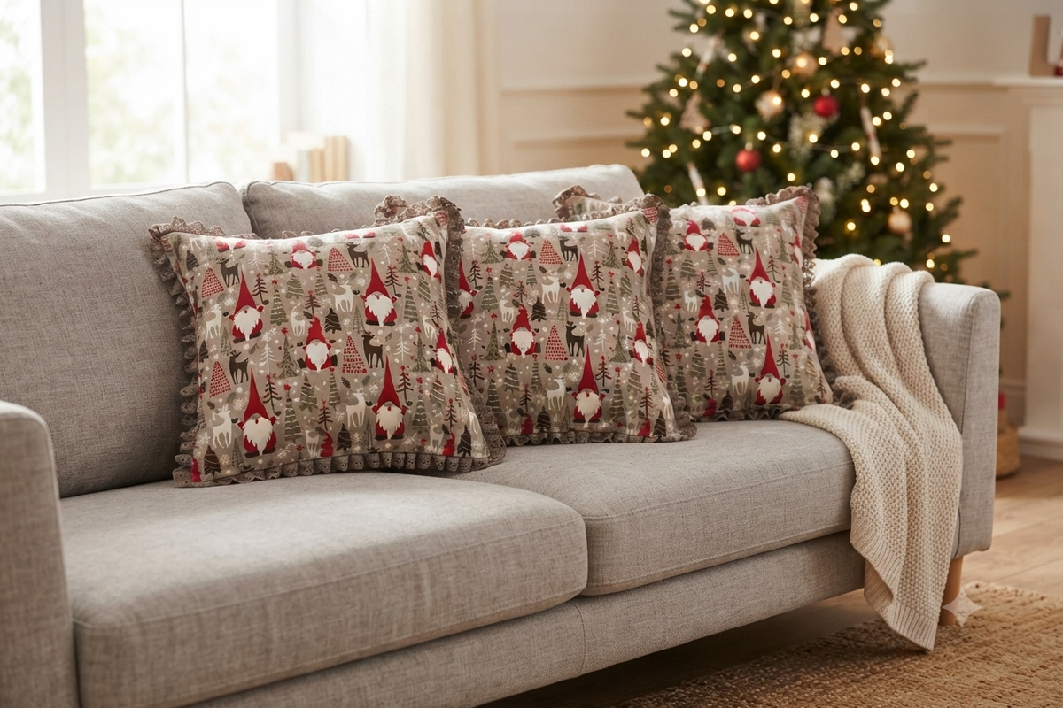 Christmas Printed Cushion Cover with Lace Border – 16×16 Inch