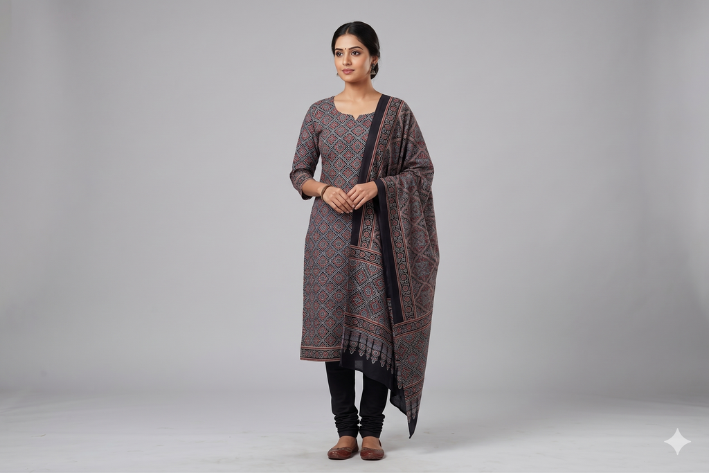 Midnight Blue Modal Silk Churidar Material Set with Traditional Printed Dupatta