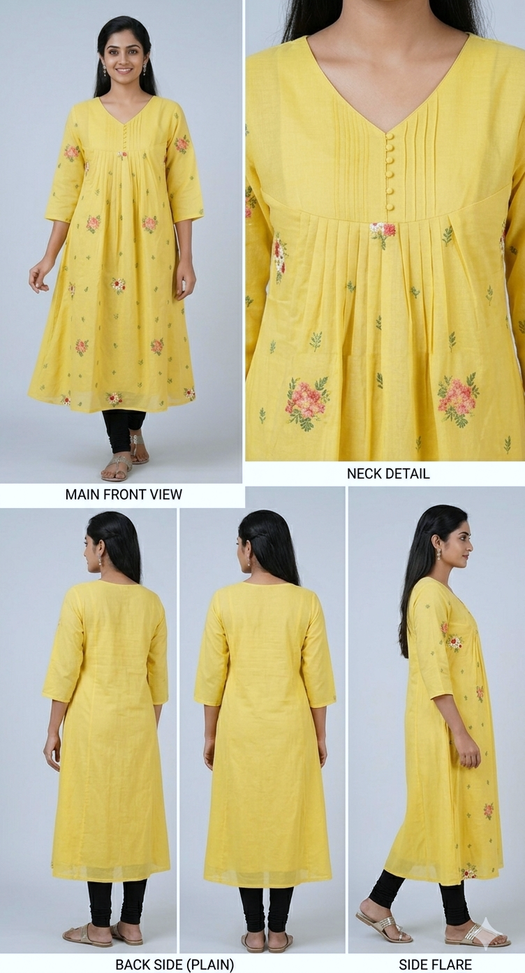 Yellow Floral Embroidered Flared Kurthi – Soft Cotton Casual Wear