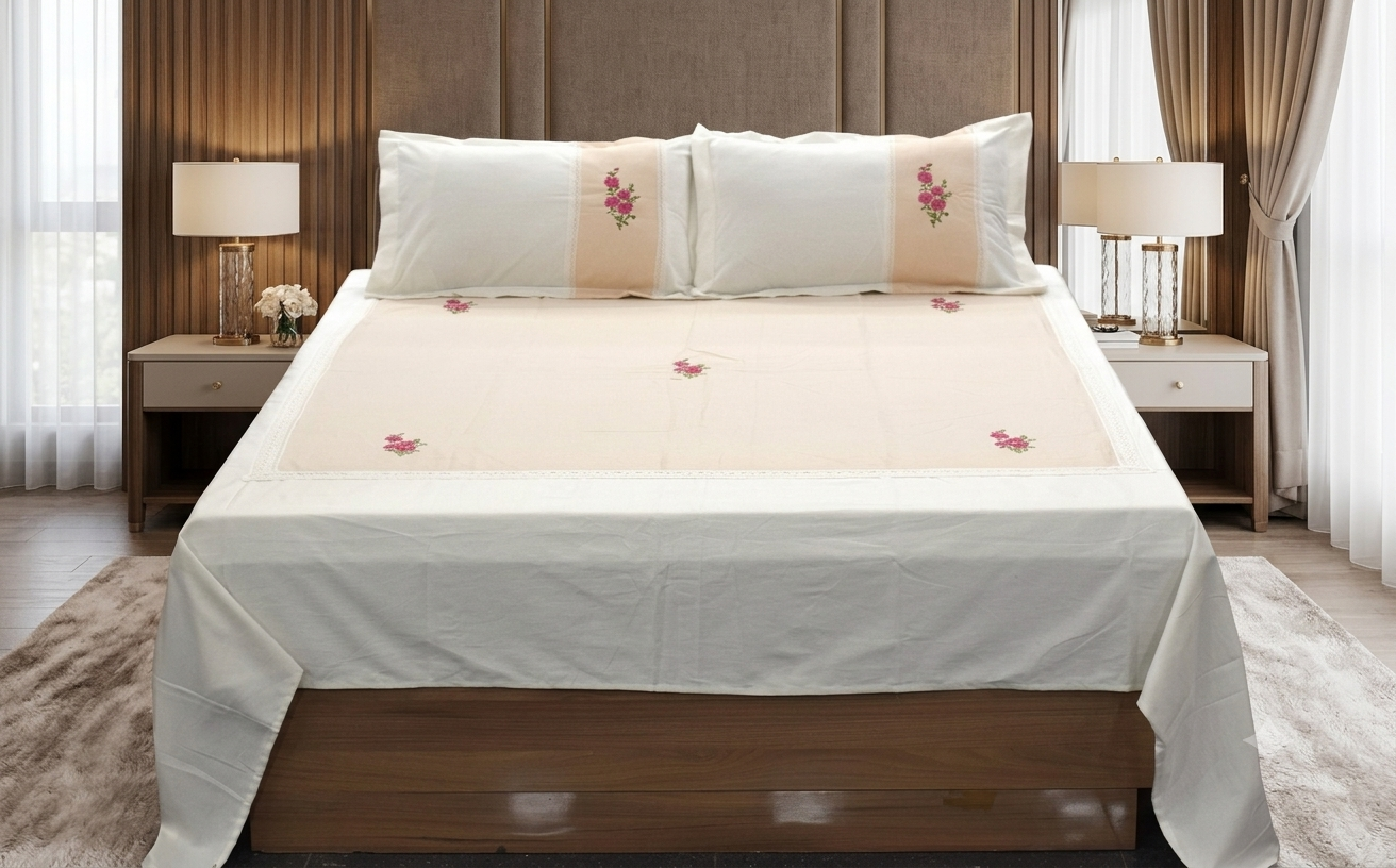 Premium King Size Cotton Bedspread Set with 2 Pillow Covers | Elegant Floral Embroidery | 96 x 104 Inches