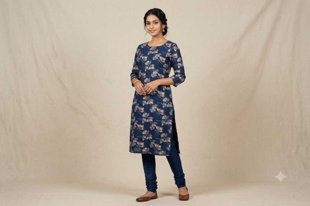 Navy Blue Floral Vatican Silk Dress Material Set | Unstitched Top & Bottom | 56" Width