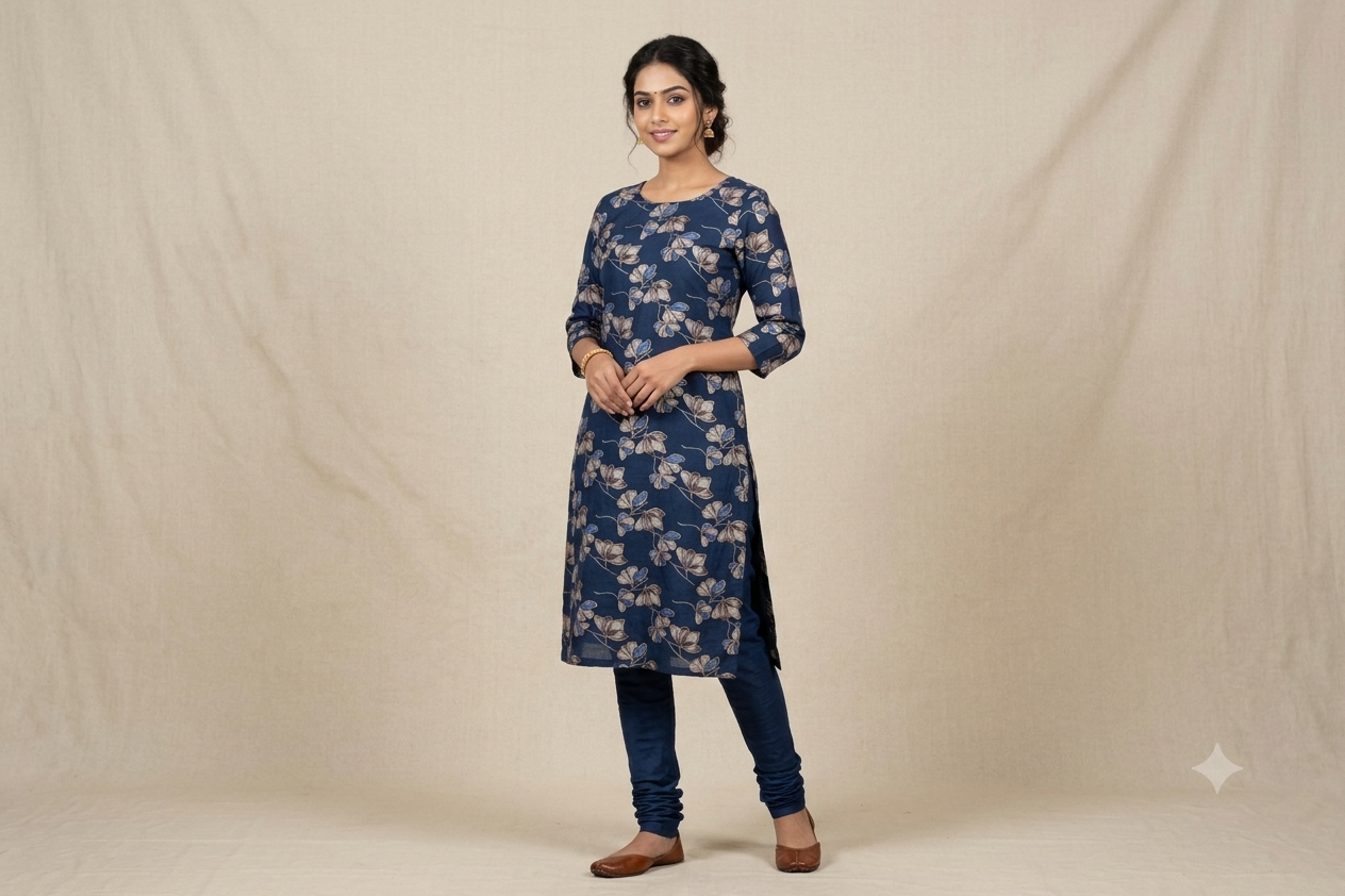 Navy Blue Floral Vatican Silk Dress Material Set | Unstitched Top & Bottom | 56" Width
