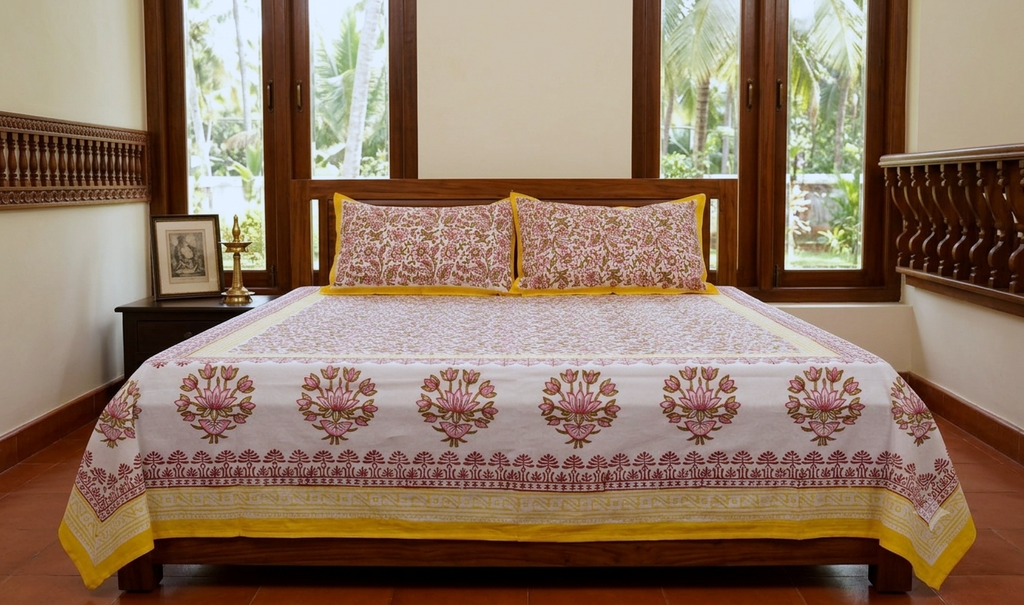 Queen Size Cotton Floral Bedsheet with 2 Pillow Covers – Pink & Yellow Hand Block Print | 86 x 104 Inches