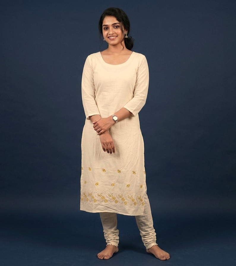 Mul Cotton Embroidered Dress Material for Women – Off White with Yellow Floral Embroidery | 44 Inch Width | 2.5 Meter Top Fabric