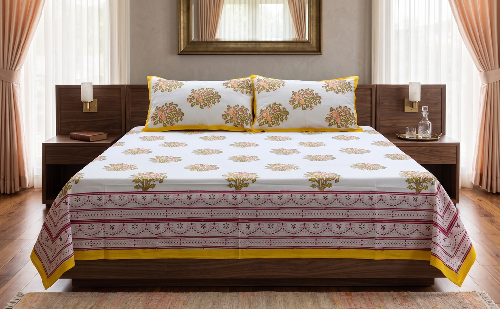 Queen Size Floral Cotton Bedsheet with 2 Pillow Covers – White & Yellow Printed Bed Sheet Set (86 x 104 Inches)