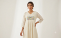 Women's Off-White Mul Chanderi Embroidered A-Line Kurti Top | Floral Embroidery | 3/4 Sleeves