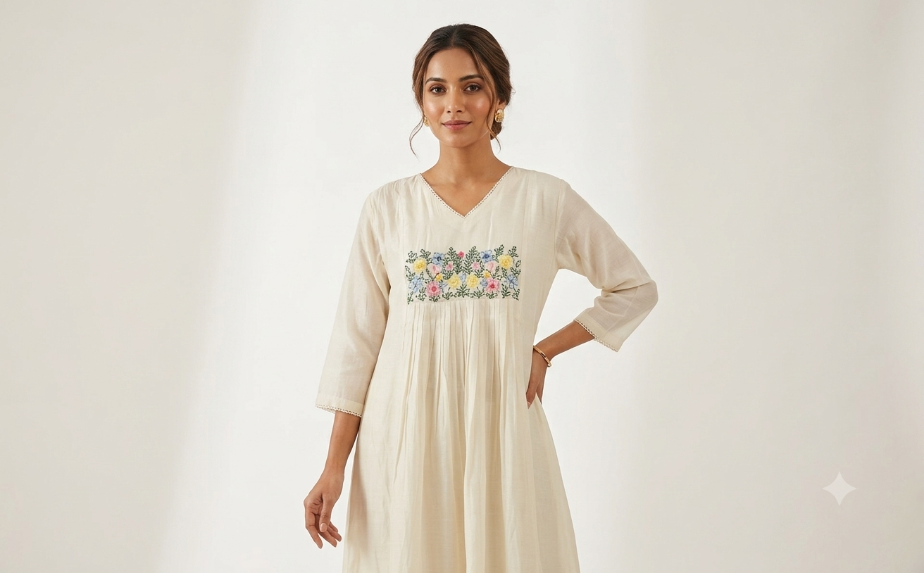 Women's Off-White Mul Chanderi Embroidered A-Line Kurti Top | Floral Embroidery | 3/4 Sleeves