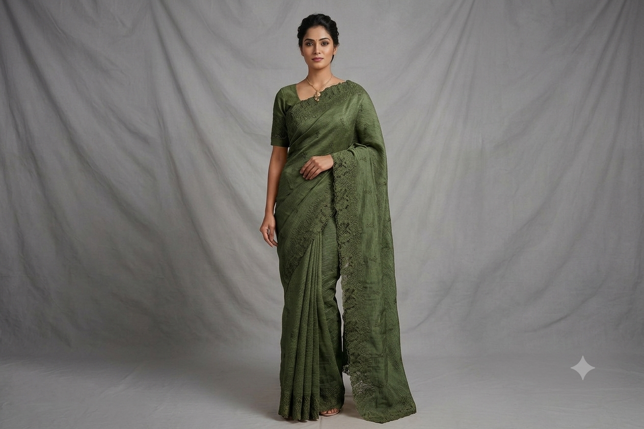 Elegant Crushed Organza Saree with Floral Lace Border – Premium Party & Occasion Wear