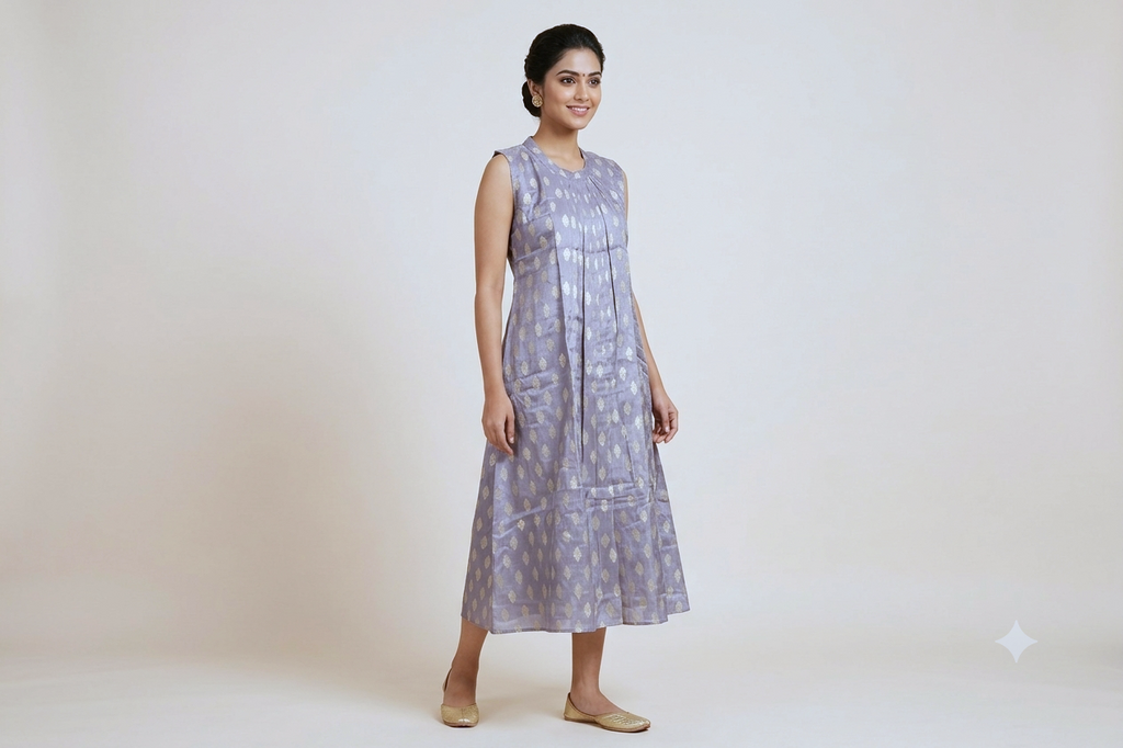 Women's  Woven Churidar Top with Silver Butta Design – Sleeveless Ethnic Kurti (Sleeve Fabric Included)