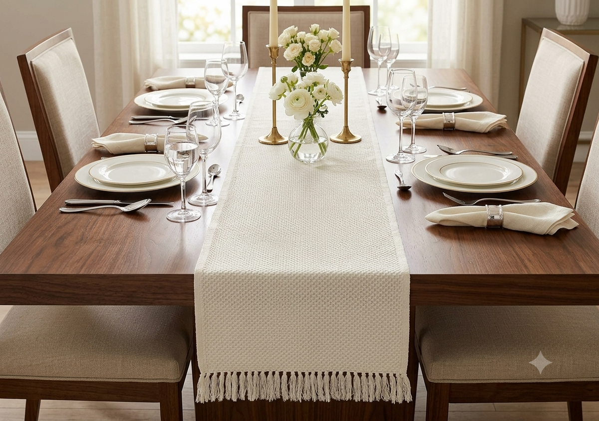 White Textured Table Runner with Fringe – 150 × 40 cm