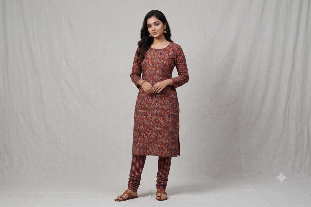 Rust Red Floral Print Soft Cotton Dress Material Set | Unstitched Top & Bottom Fabric | 44" Width